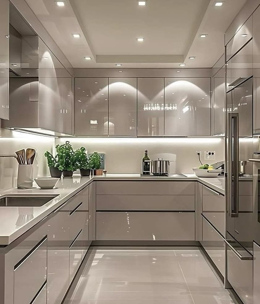11. Glossy Taupe Kitchen with Integrated Lighting - beautiful kitchen ideas