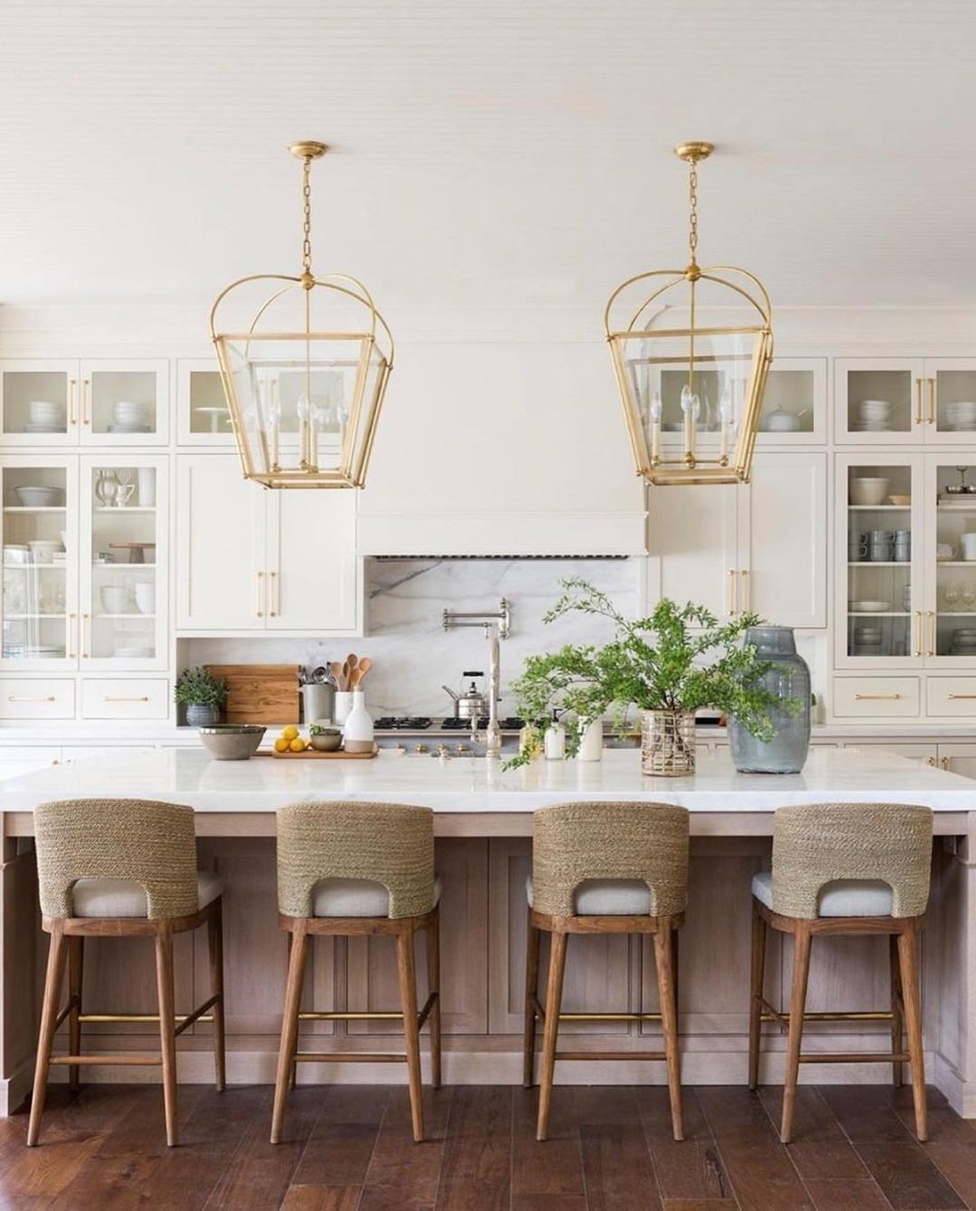 12. Classic White Kitchen with Brass Lantern Pendants - beautiful kitchen ideas