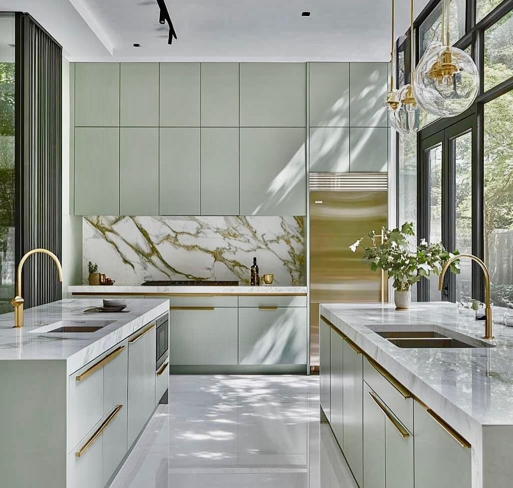 14. Modern Sage Kitchen with Marble Backsplash - beautiful kitchen ideas