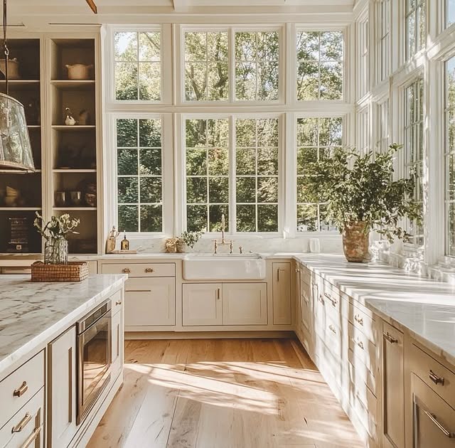 20. Sunlit Classic Kitchen with Expansive Windows - beautiful kitchen ideas