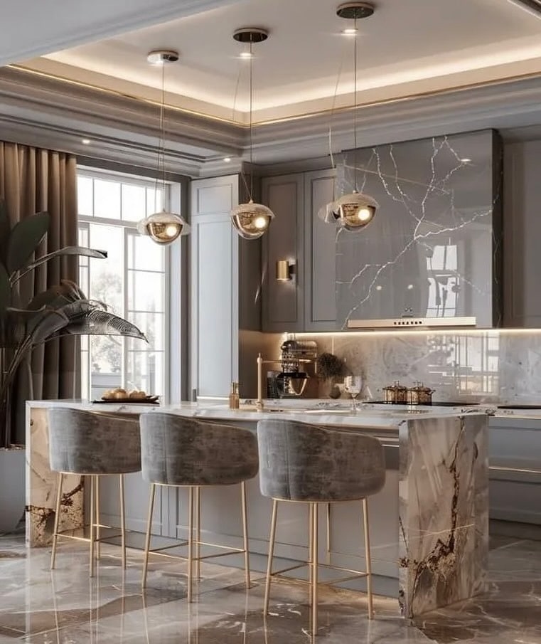 22. Elegant Gray Kitchen with Gold and Marble Accents - beautiful kitchen ideas