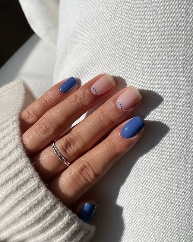 8. Short Square Color Block Nails in Blue and Nude - nail ideas for short nails