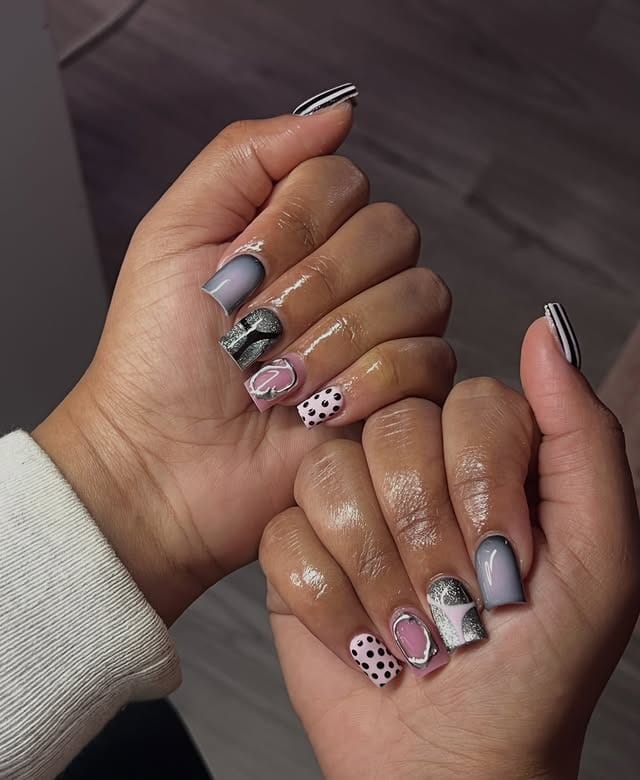 9. Mixed Pattern Square Nails in Grey, Pink, and Black - nail ideas for short nails