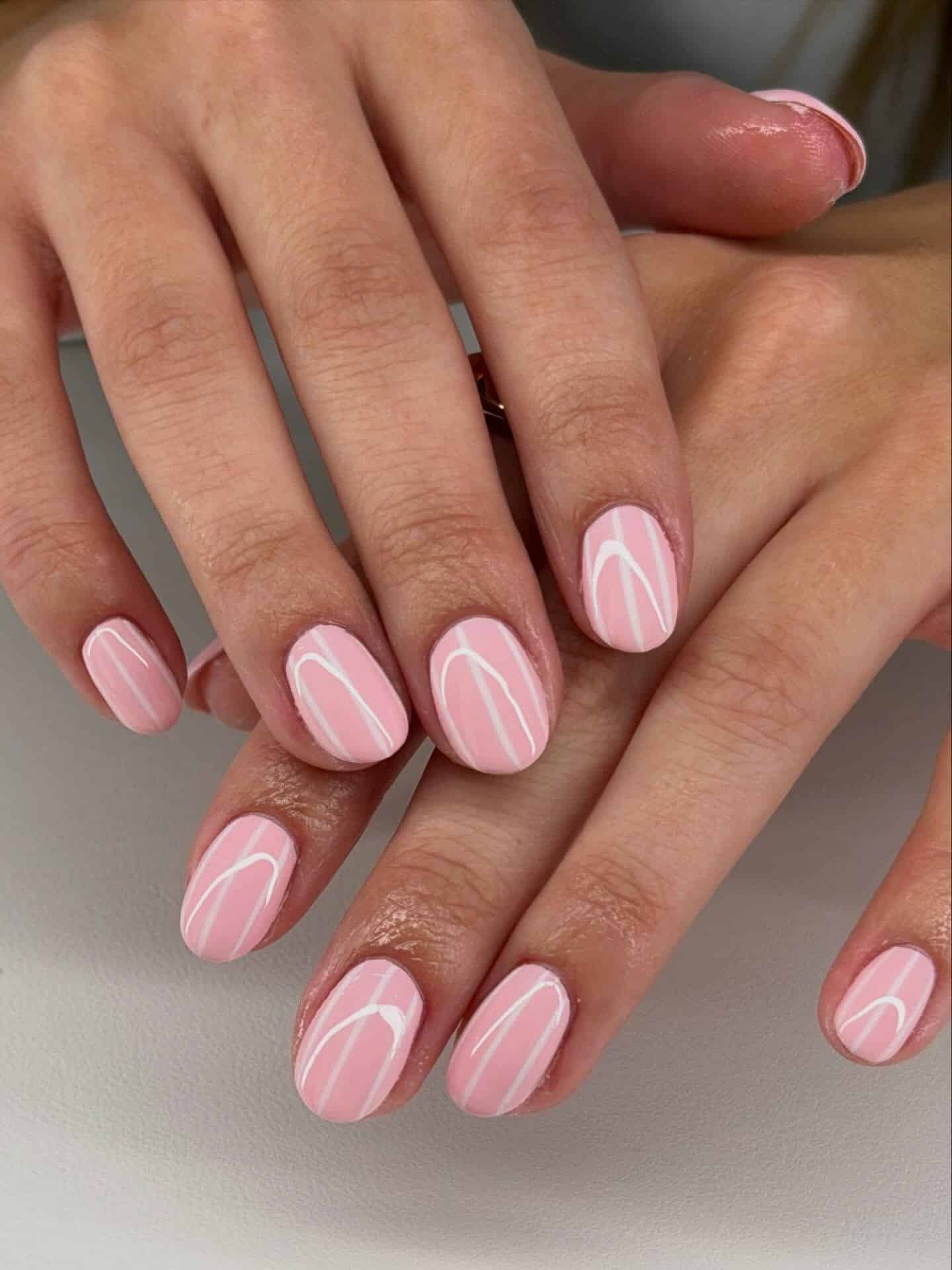 10. Short Rounded Nails in Pale Pink with White Line Art - nail ideas for short nails