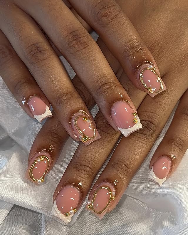 14. Embellished French Square Nails in Nude Pink, White, and Gold - nail ideas for short nails