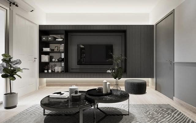 7. Dark Grey Built-In Wall with Black Layering - grey and black living room ideas