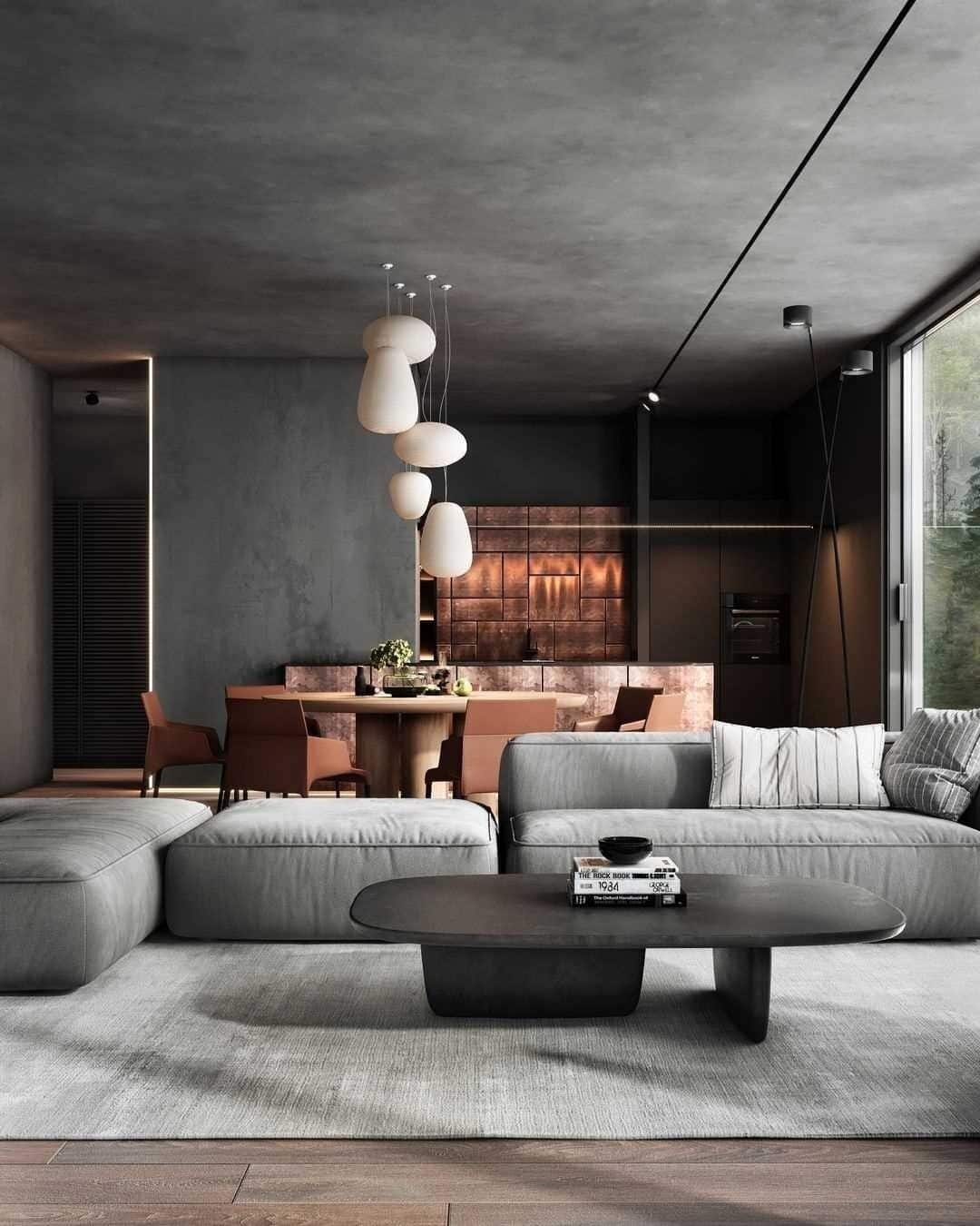 11. Moody Grey Living Room with Black and Copper Accents - grey and black living room ideas