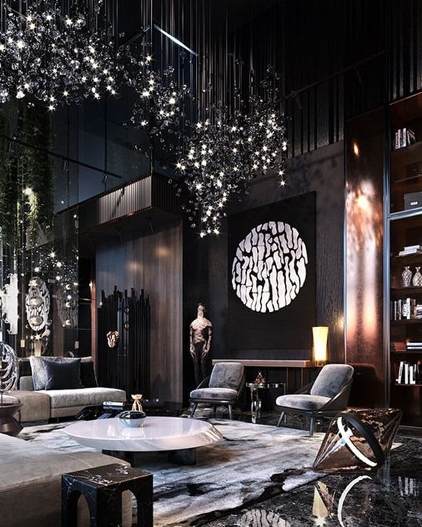 18. Dramatic Black Living Room with Grey Seating and Statement Lighting - grey and black living room ideas
