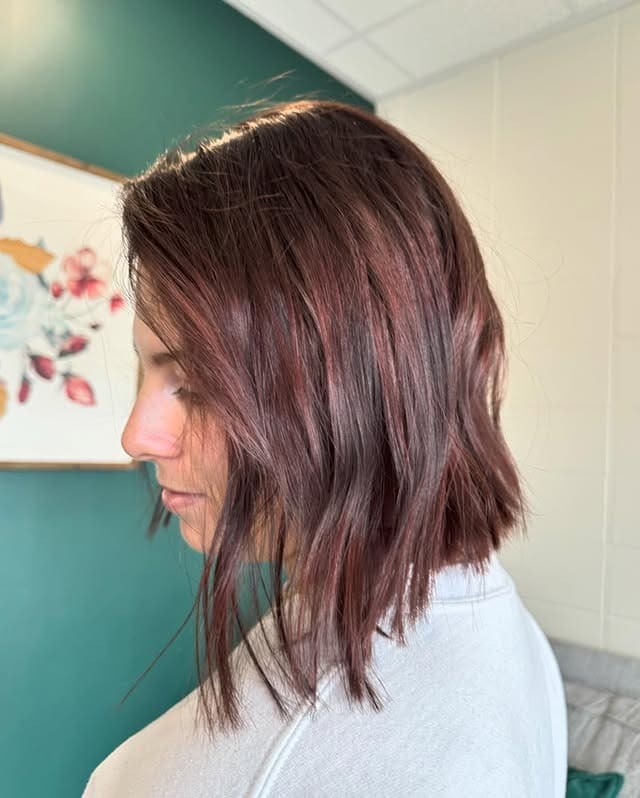 1. Textured Blunt Lob with Deep Burgundy - Short Blunt Cut