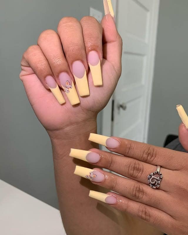 6. Long Coffin Pastel Yellow French Fade Nails - pastel yellow nail ideas
