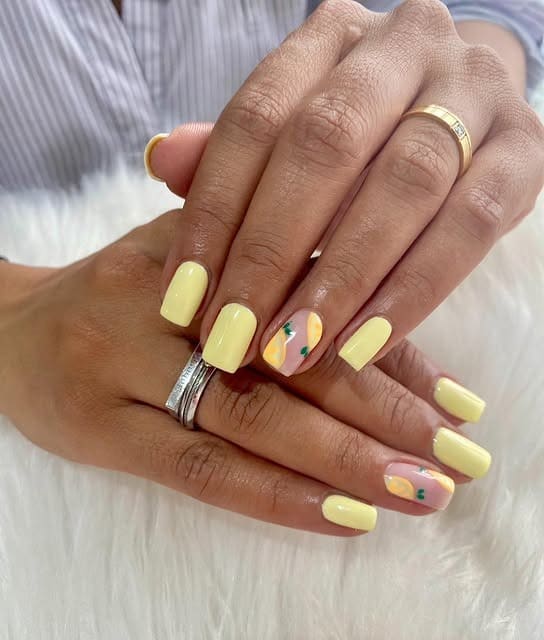 12. Soft Square Pastel Yellow Citrus Accent Nails - pastel yellow nail ideas