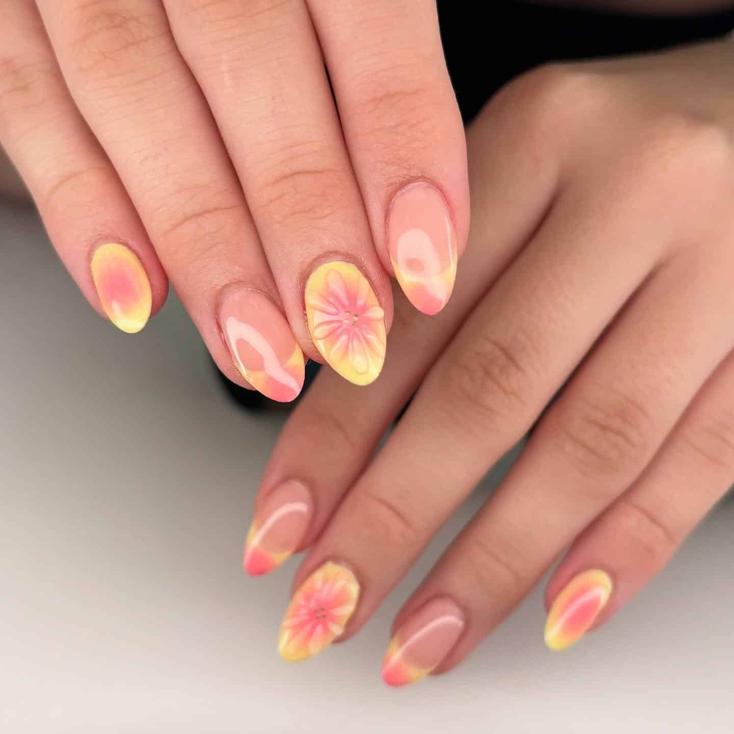 16. Pastel Yellow and Coral Ombre Floral Nails - pastel yellow nail ideas