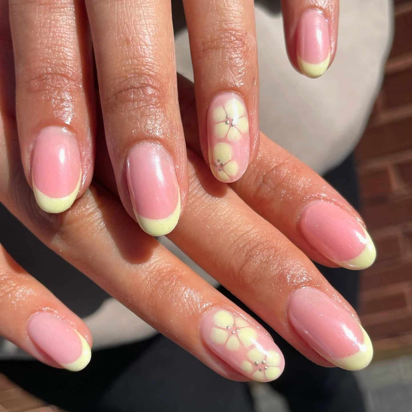 18. Soft Pastel Yellow Micro French Floral Nails - pastel yellow nail ideas