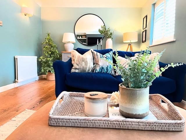 15. Deep Blue Sofa with Pastel Walls and Botanical Accents - blue sofa living room ideas