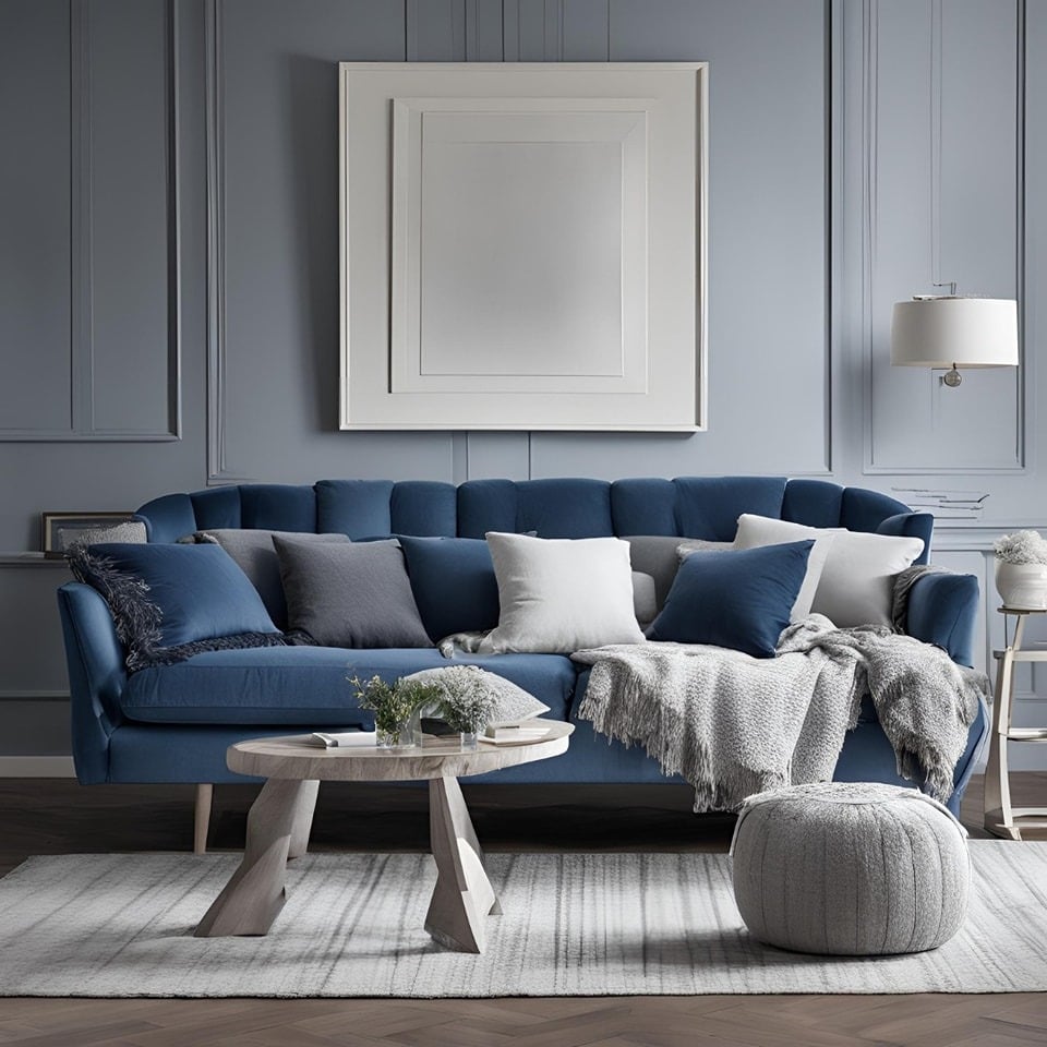 19. Contemporary Blue Sofa with Monochrome Layering - blue sofa living room ideas