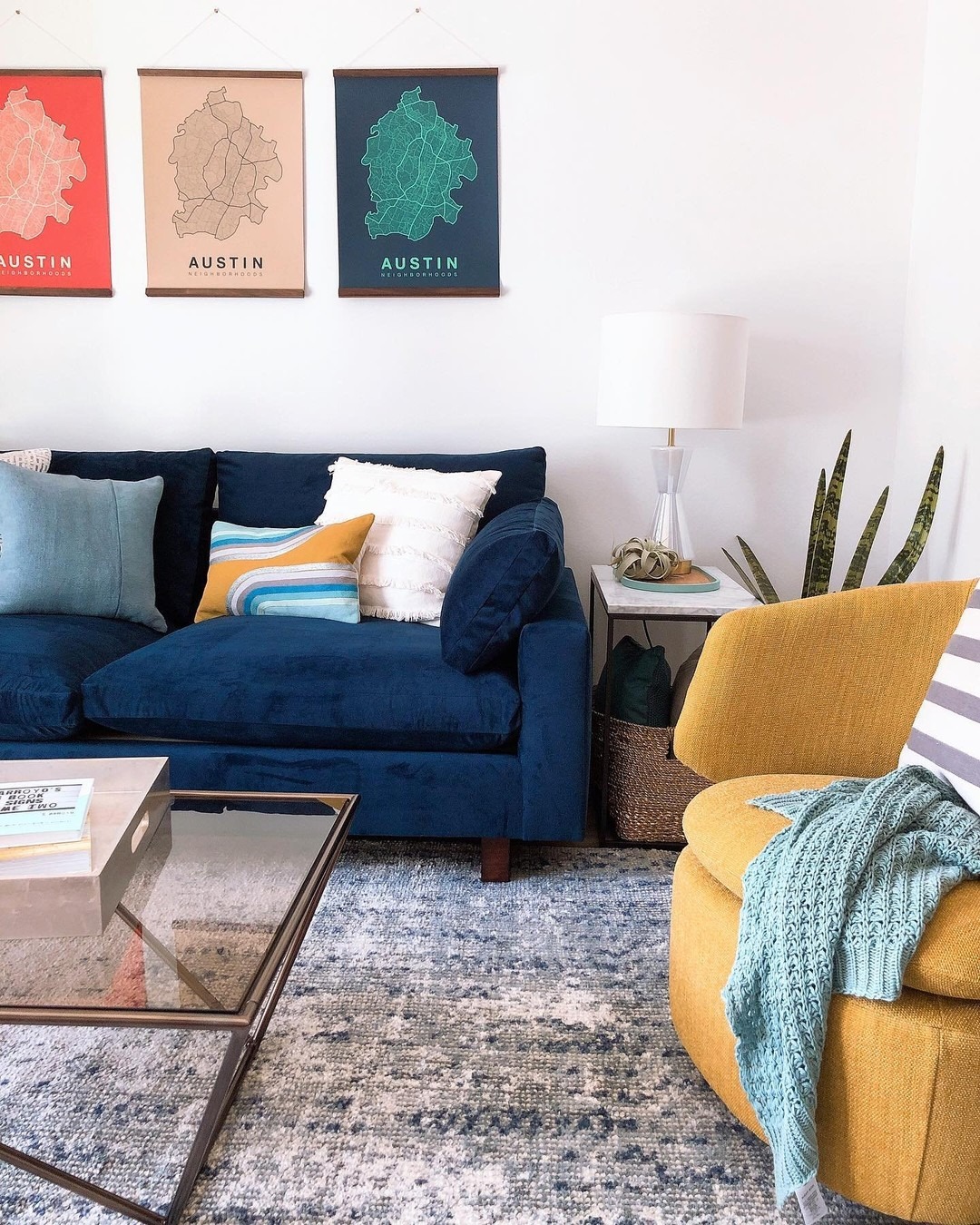21. Navy Blue Sofa with Mustard Accent Chair Contrast - blue sofa living room ideas