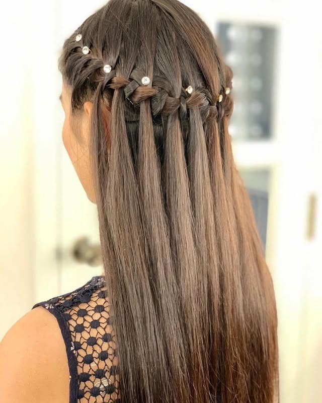 5. Sleek Chestnut Waterfall with Embellished Accents - Waterfall Braid Hairstyles