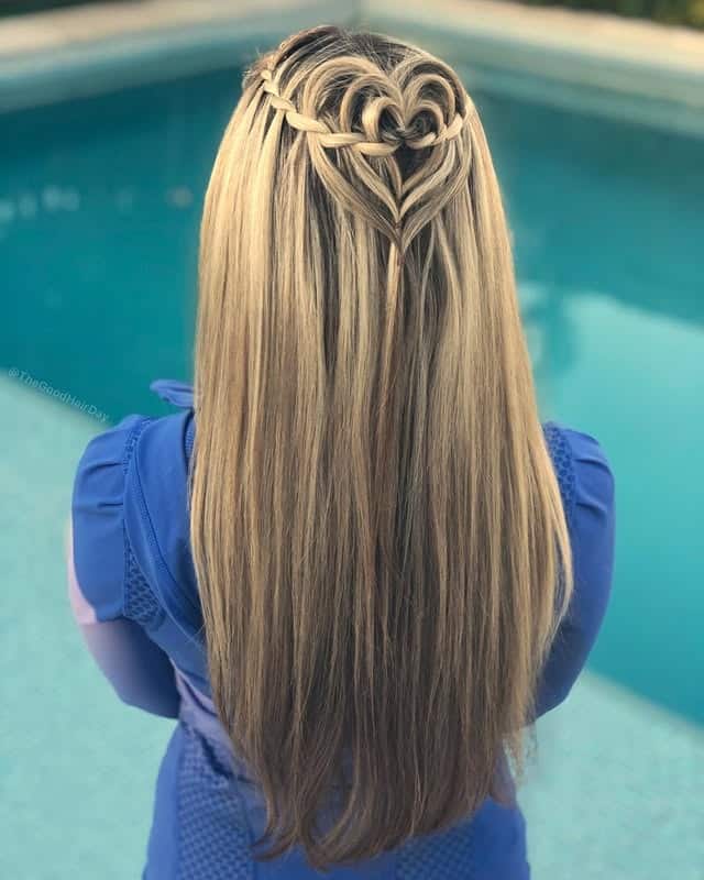 6. Honey Blonde Heart-Shaped Waterfall Design - Waterfall Braid Hairstyles