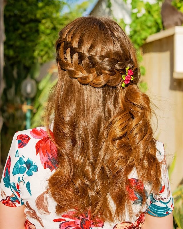 10. Copper Brown Waterfall Crown with Soft Curls - Waterfall Braid Hairstyles