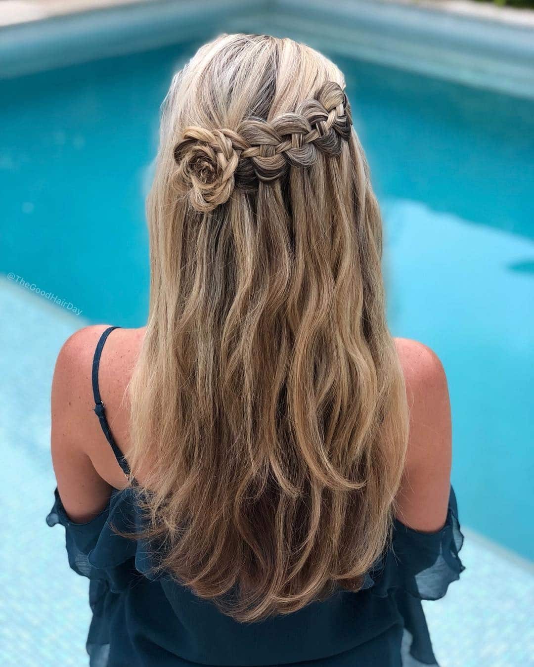 11. Sandy Blonde Waterfall Braid with Rosette Detail - Waterfall Braid Hairstyles