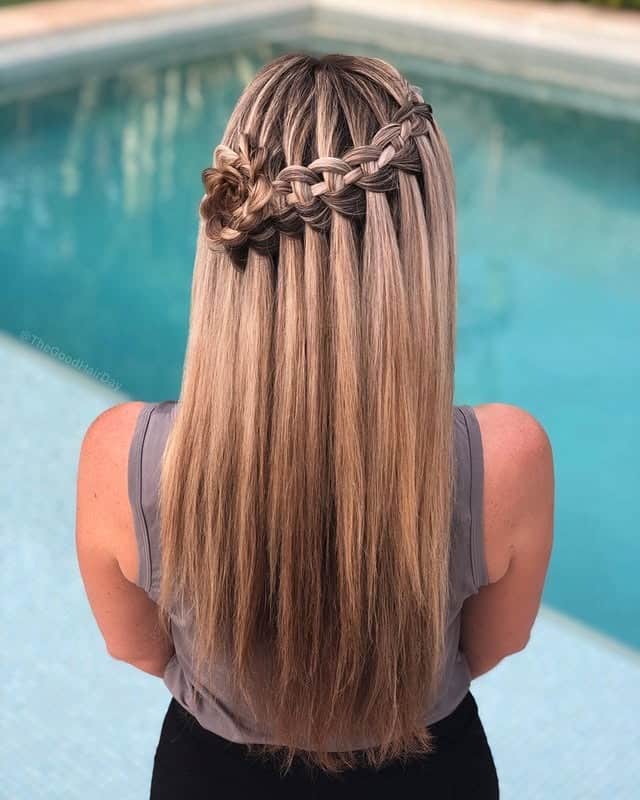 12. Ash Beige Blonde Sleek Waterfall Half-Up - Waterfall Braid Hairstyles