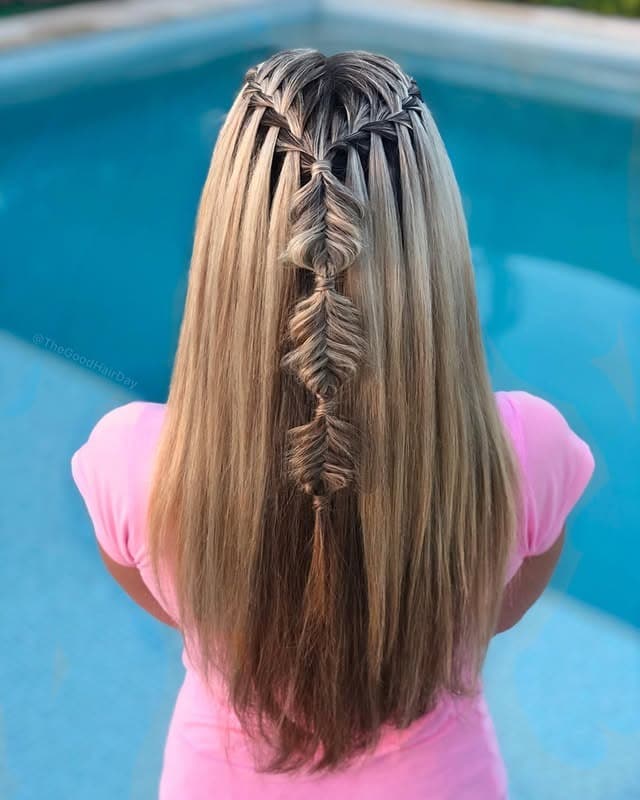 19. High-Contrast Blonde and Brunette Waterfall Fishtail Detail - Waterfall Braid Hairstyles