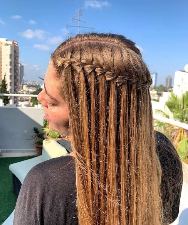 21. Warm Caramel Blonde Linear Waterfall Braid - Waterfall Braid Hairstyles