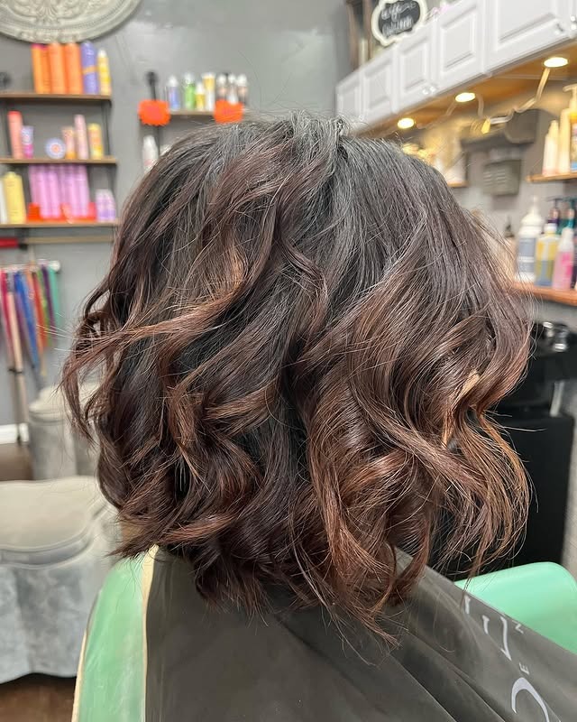 6. Rich Brunette Curled Long Bob - Long Layered Bob