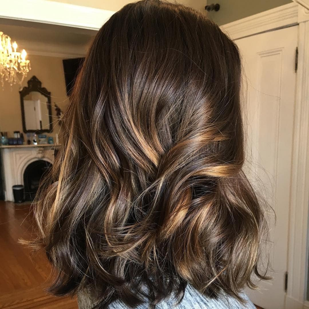 14. Soft Brunette Lob with Golden Ribbons - Long Layered Bob