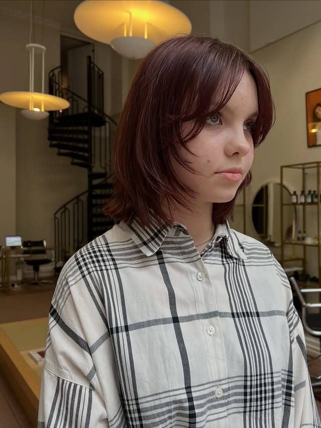 17. Deep Cherry Red Layered Lob with Curtain Fringe - Long Layered Bob