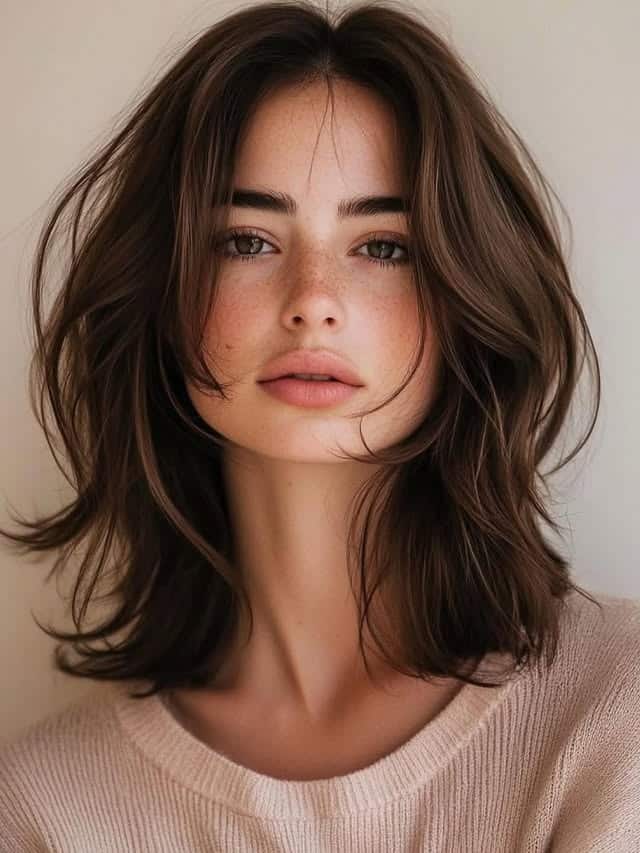 20. Face-Framing Chocolate Brown Layered Lob - Long Layered Bob