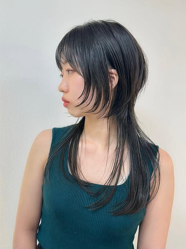 16. Sleek Extended Wolf Cut with Piecey Bangs in Blue-Black - Wolf Haircuts With Bangs