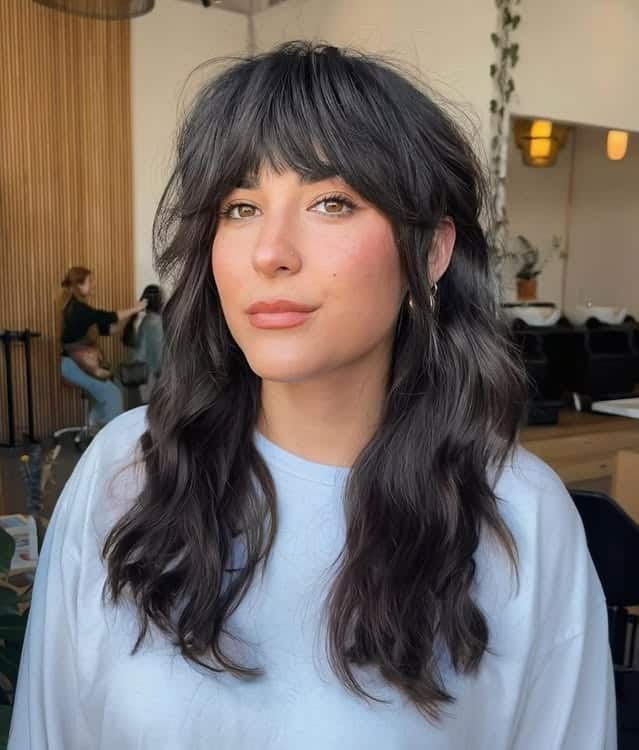 21. Soft Wavy Wolf Cut with Wispy Bangs in Smoky Brunette - Wolf Haircuts With Bangs