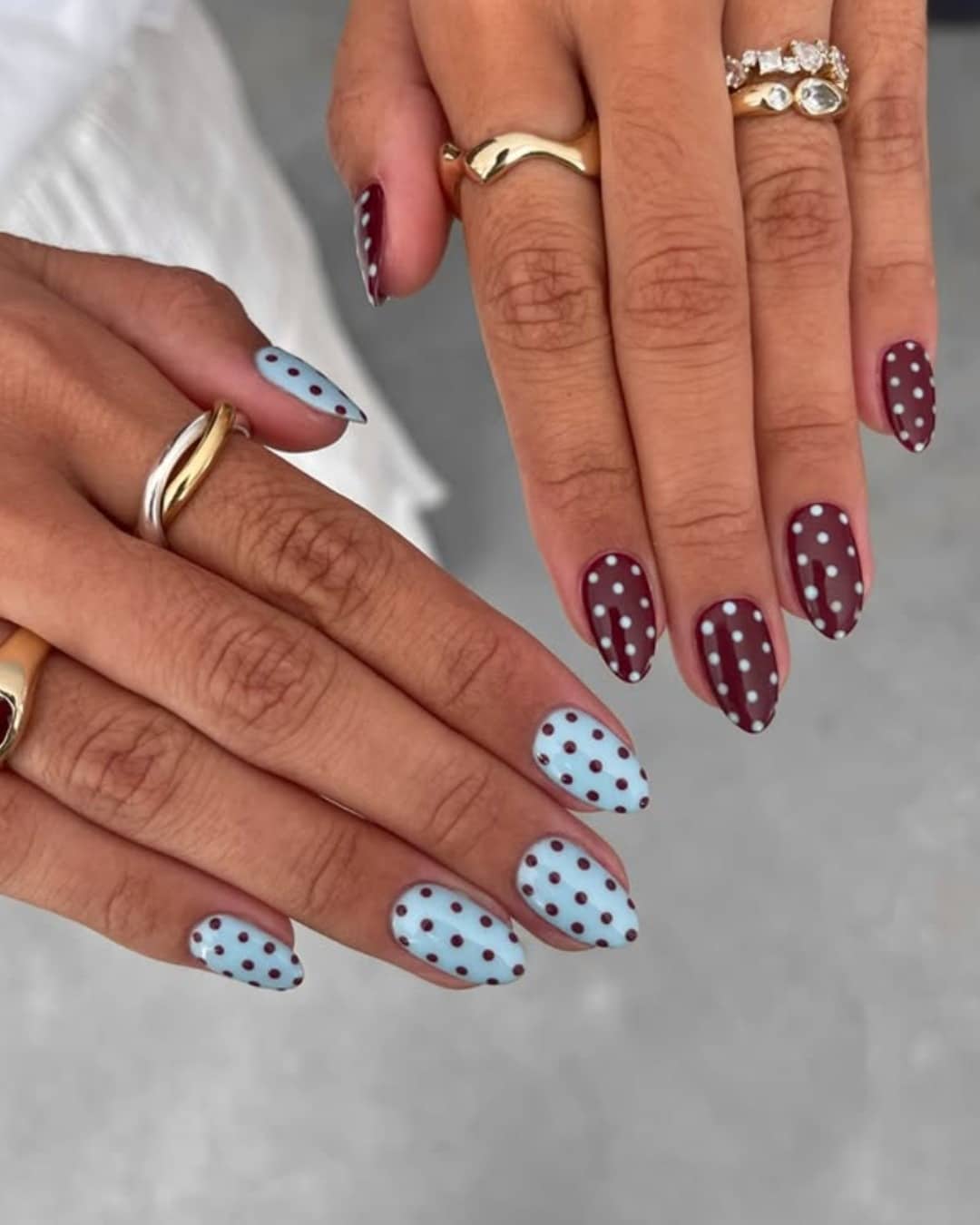 8. Burgundy and Powder Blue Polka Dot Nails - very short nail ideas