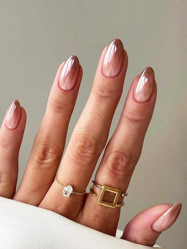 16. Glossy Nude Brown Short Almond Nails - very short nail ideas
