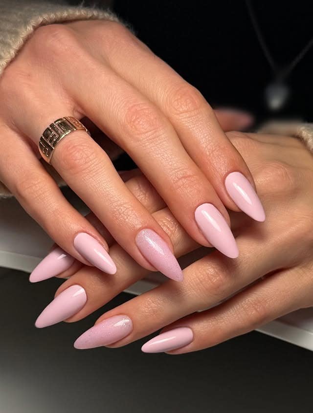 1. Soft Baby Pink Almond Gloss Nails - pink nail ideas