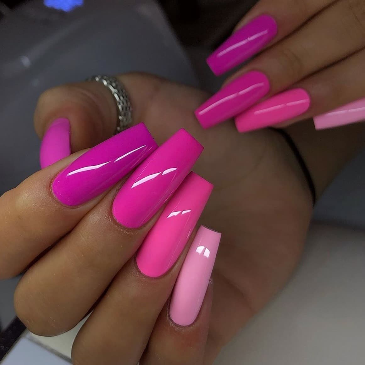 2. Neon Pink Coffin Statement Nails - pink nail ideas