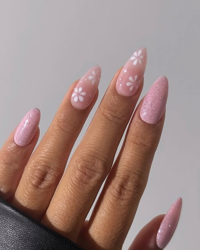 3. Blush Pink Floral Almond Nails - pink nail ideas
