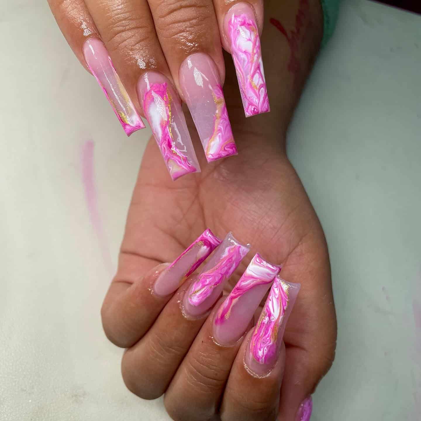 6. Pink Marble Square Nails with Gold Detail - pink nail ideas