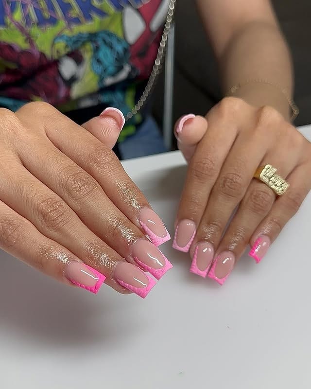 7. Neon Pink Outline French Square Nails - pink nail ideas