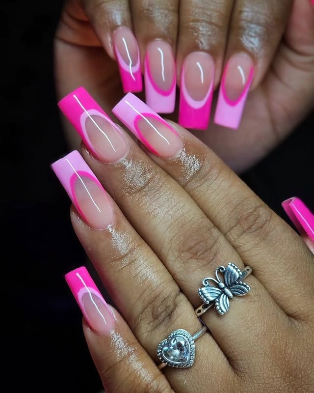 8. Double Curve Pink French Square Nails - pink nail ideas