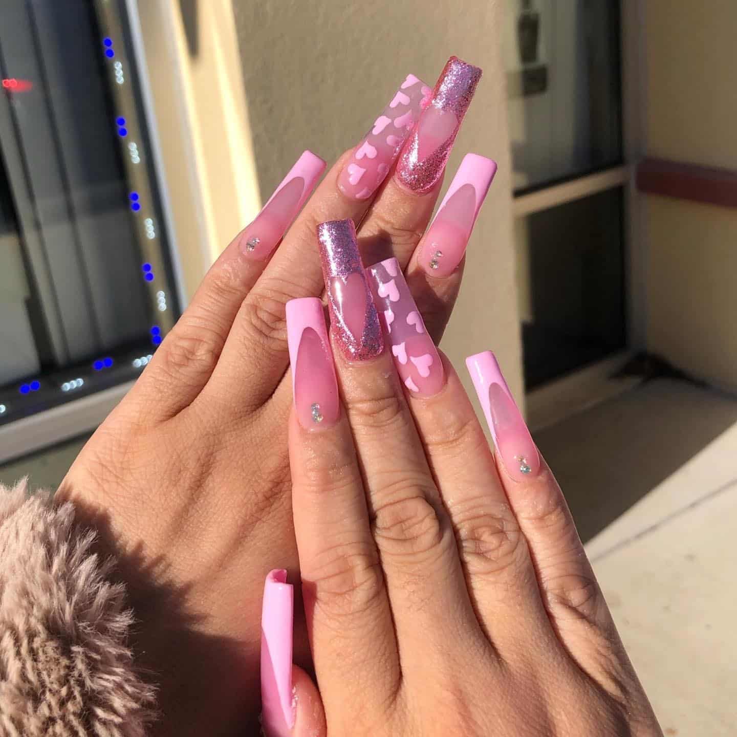9. Pink Heart & Glitter Coffin Nails - pink nail ideas