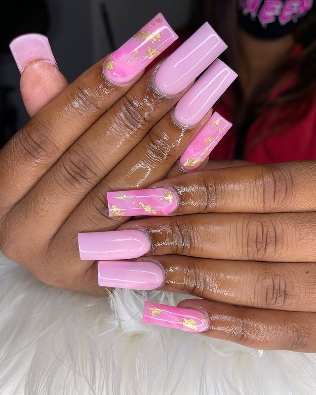 11. Blush Pink Coffin Nails with Gold Foil Accents - pink nail ideas
