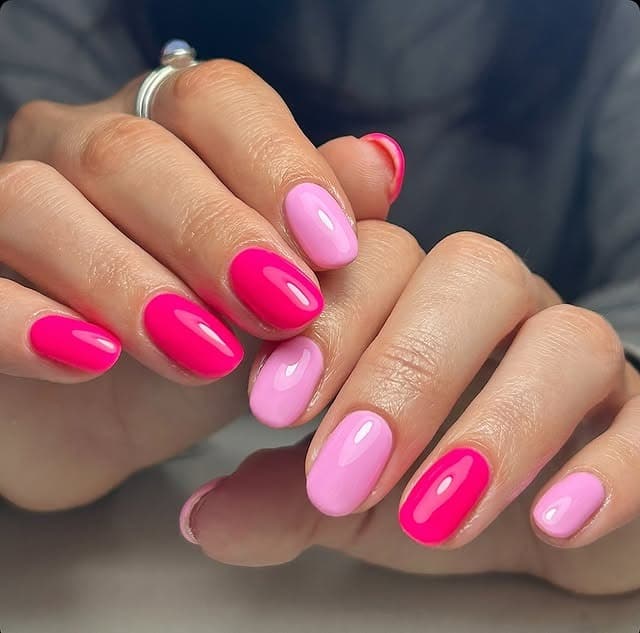 12. Bright Pink and Baby Pink Short Oval Nails - pink nail ideas