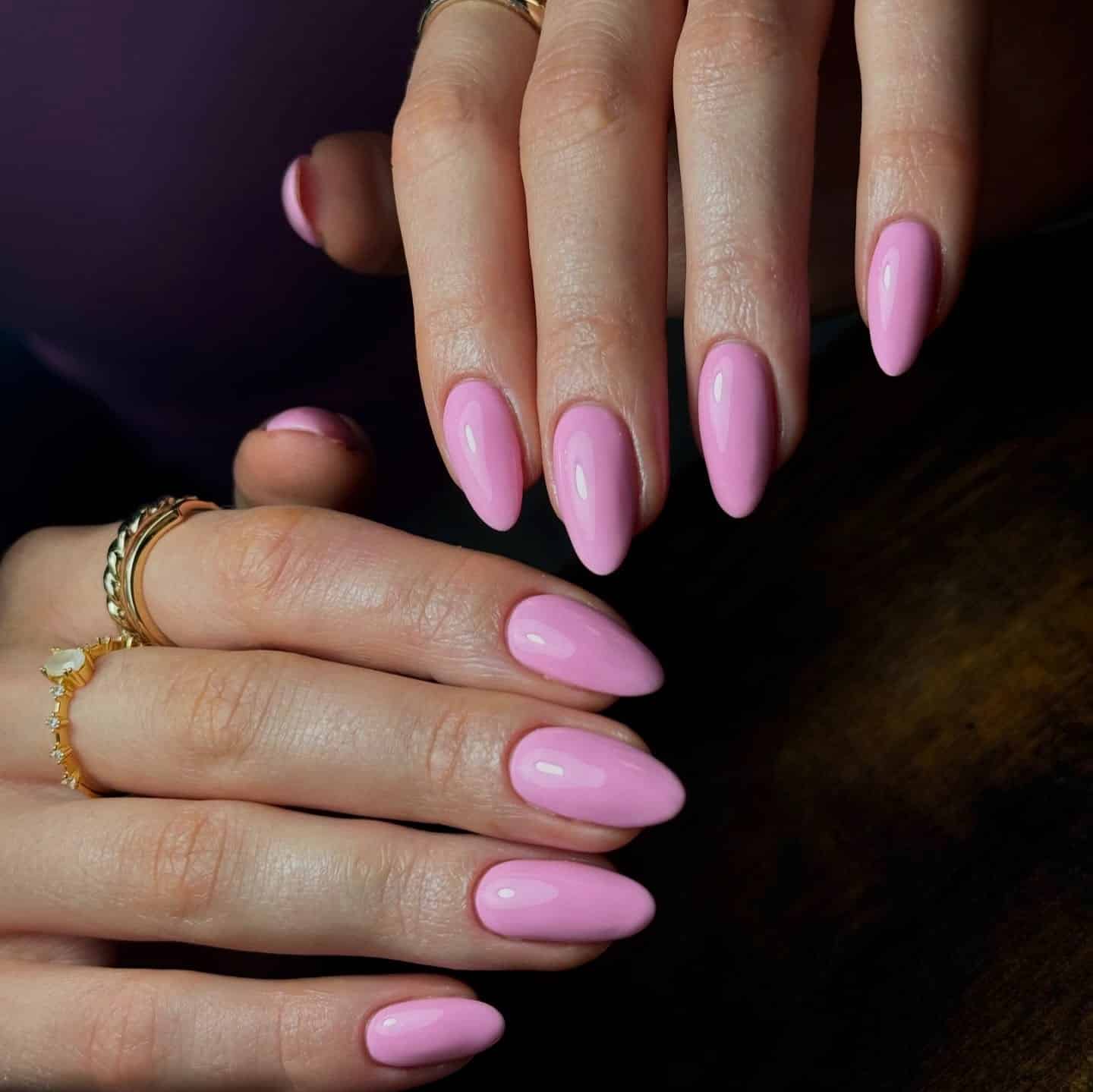14. Glossy Dusty Pink Almond Nails - pink nail ideas