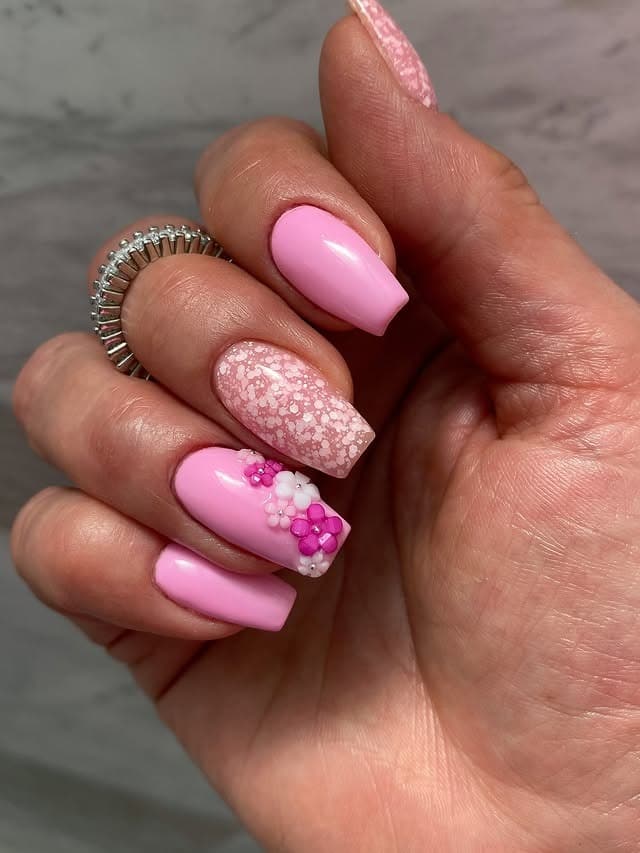 15. Soft Pink Square Nails with 3D Floral Accent - pink nail ideas
