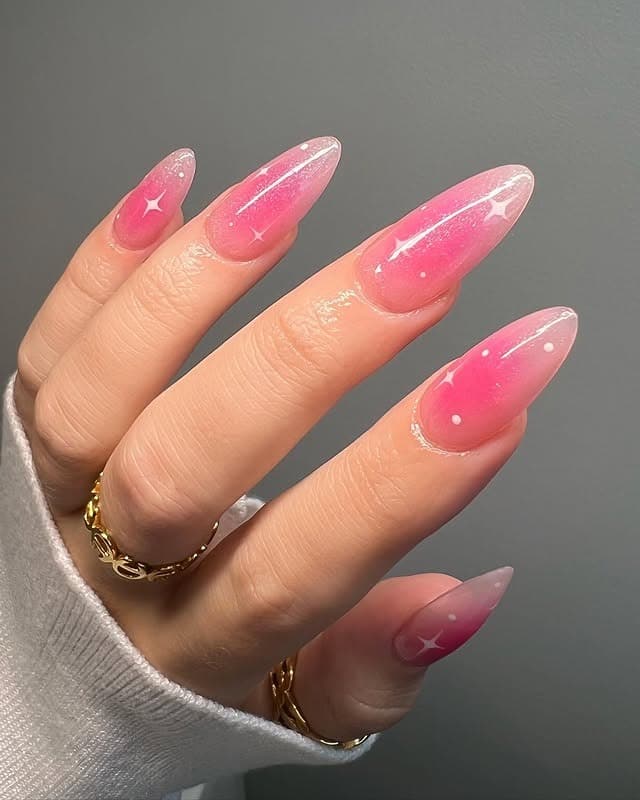 16. Pink Ombre Almond Nails with Star Details - pink nail ideas