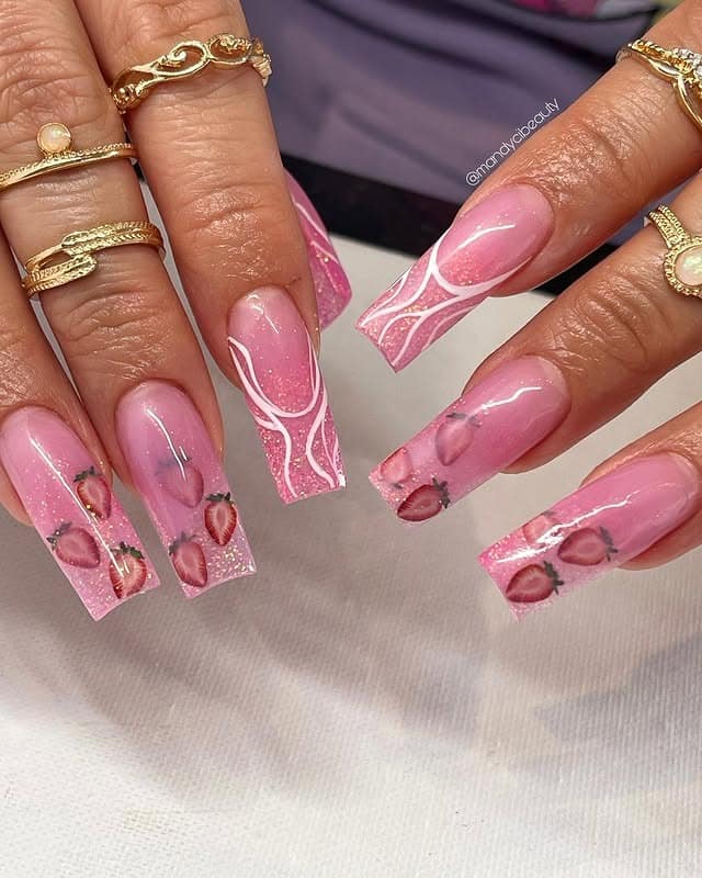 20. Pink Jelly Square Nails with Strawberry Art - pink nail ideas