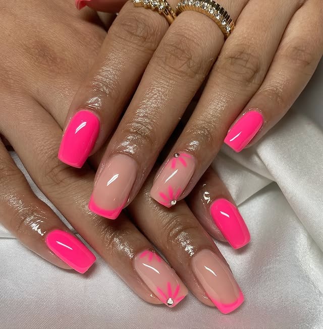 22. Neon Pink French Square Nails with Minimal Art - pink nail ideas