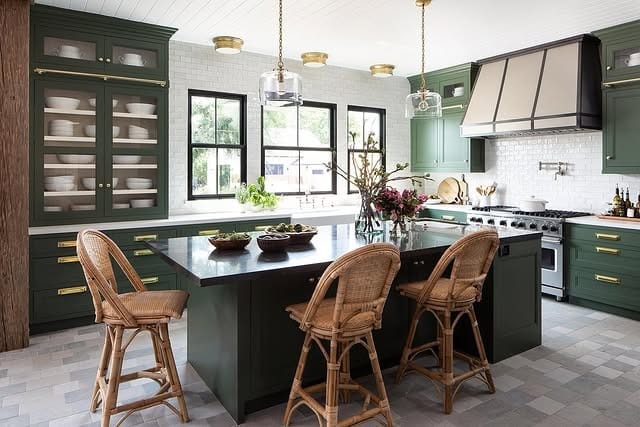 9. Elegant Green Kitchen with Brass Hardware and Stone Surfaces - big kitchen ideas